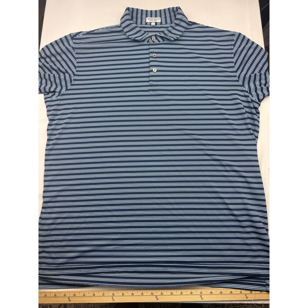 Peter Millar Polo Shirt XL Blue Striped Summer Comfort Performance Short Slv